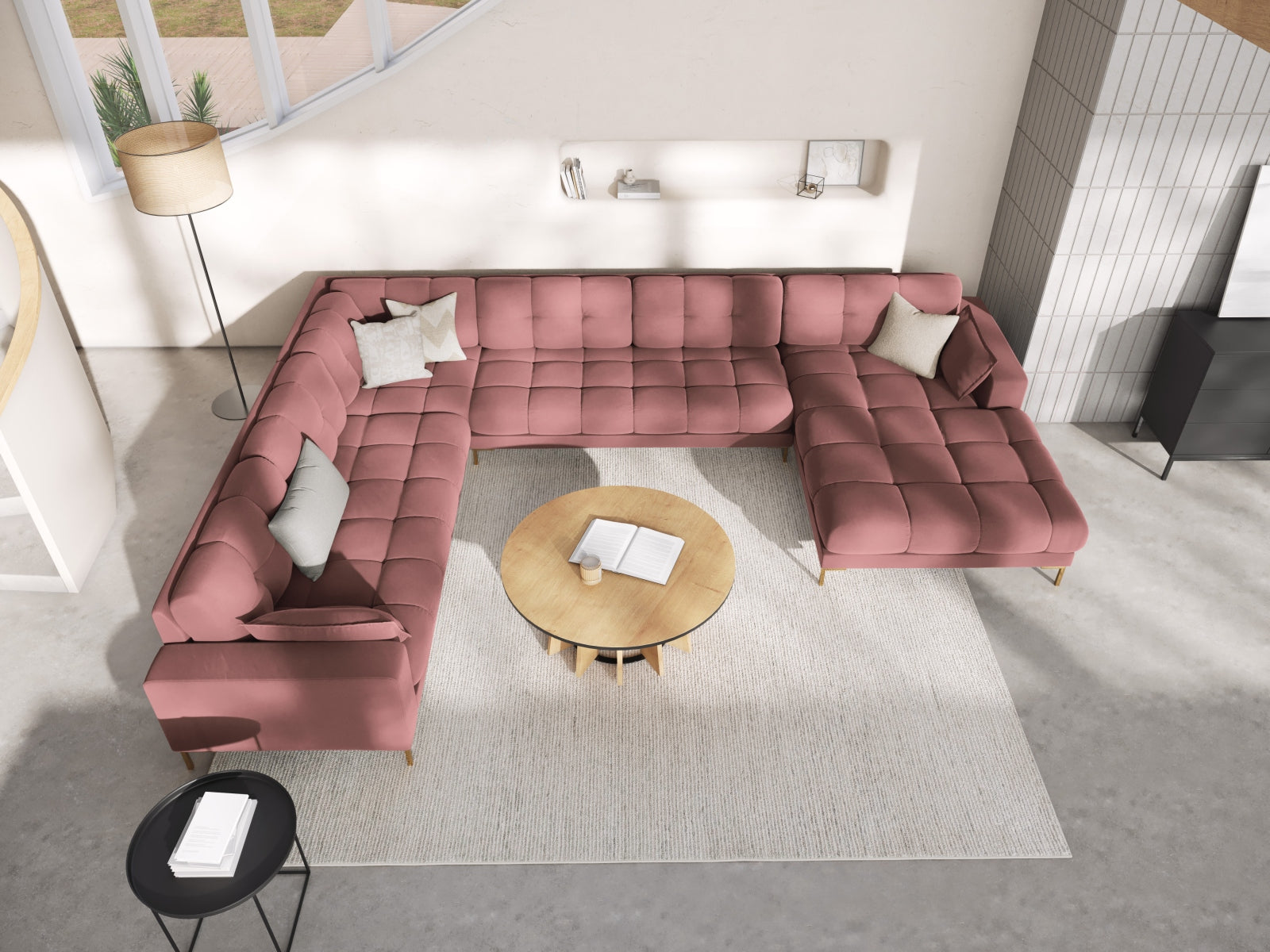 Entdecken Sie das elegante Mamaia Velour Panoramic Ecksofa links von Micadoni – ein 7-Sitzer für stilvolle Entspannung in Ihrem Wohnzimmer.