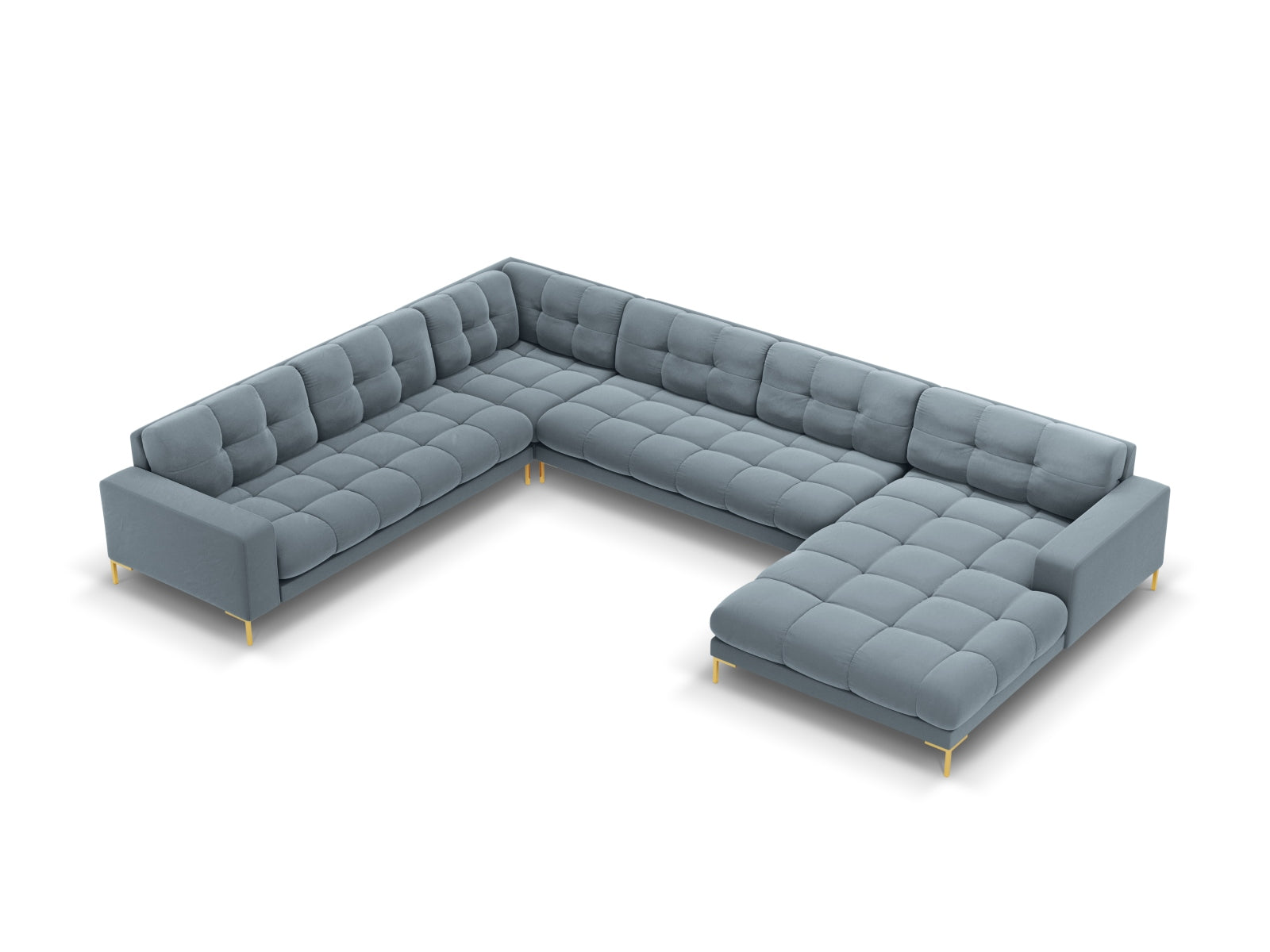 Mamaia Velour Panoramic Ecksofa links 7 Sitzer in Light Blue/Gold präsentiert im Onlineshop von KAQTU Design AG. Ecksofa links ist von Micadoni