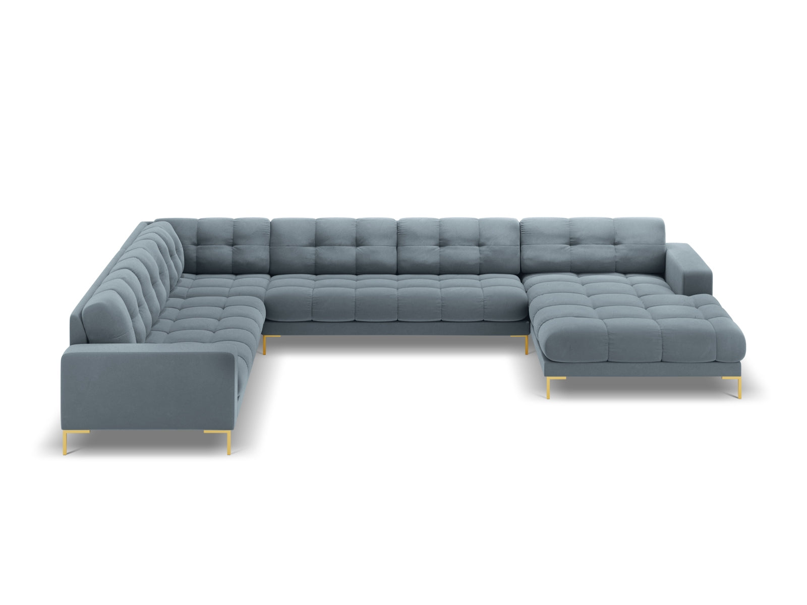 Erleben Sie das Mamaia Velour Panoramic Ecksofa links von Micadoni – ein luxuriöses 7-Sitzer Sofa, das modernen Komfort und elegantes Design vereint.