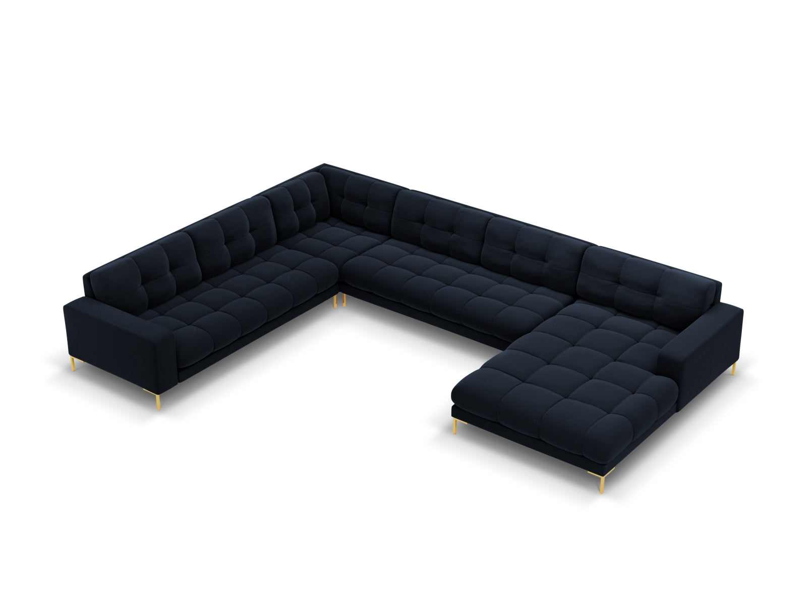 Mamaia Velour Panoramic Ecksofa links 7 Sitzer in Dark Blue/Gold präsentiert im Onlineshop von KAQTU Design AG. Ecksofa links ist von Micadoni