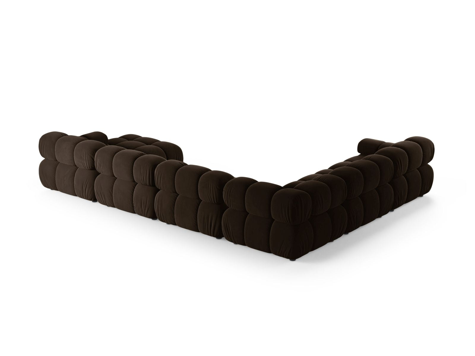 Geräumiges 8-Sitzer Ecksofa Panoramic links Bellis in edlem Dunkelbraun-Bluvel, perfekt für entspannte Stunden und gesellige Zusammenkünfte.