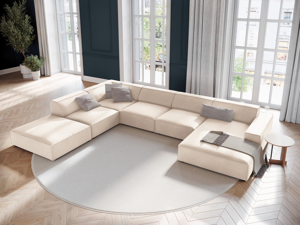 Jodie Velour modulares Panoramic Ecksofa links 7 Sitzer in Light Beige-Bluvel präsentiert im Onlineshop von KAQTU Design AG. L-Sofa links ist von Micadoni