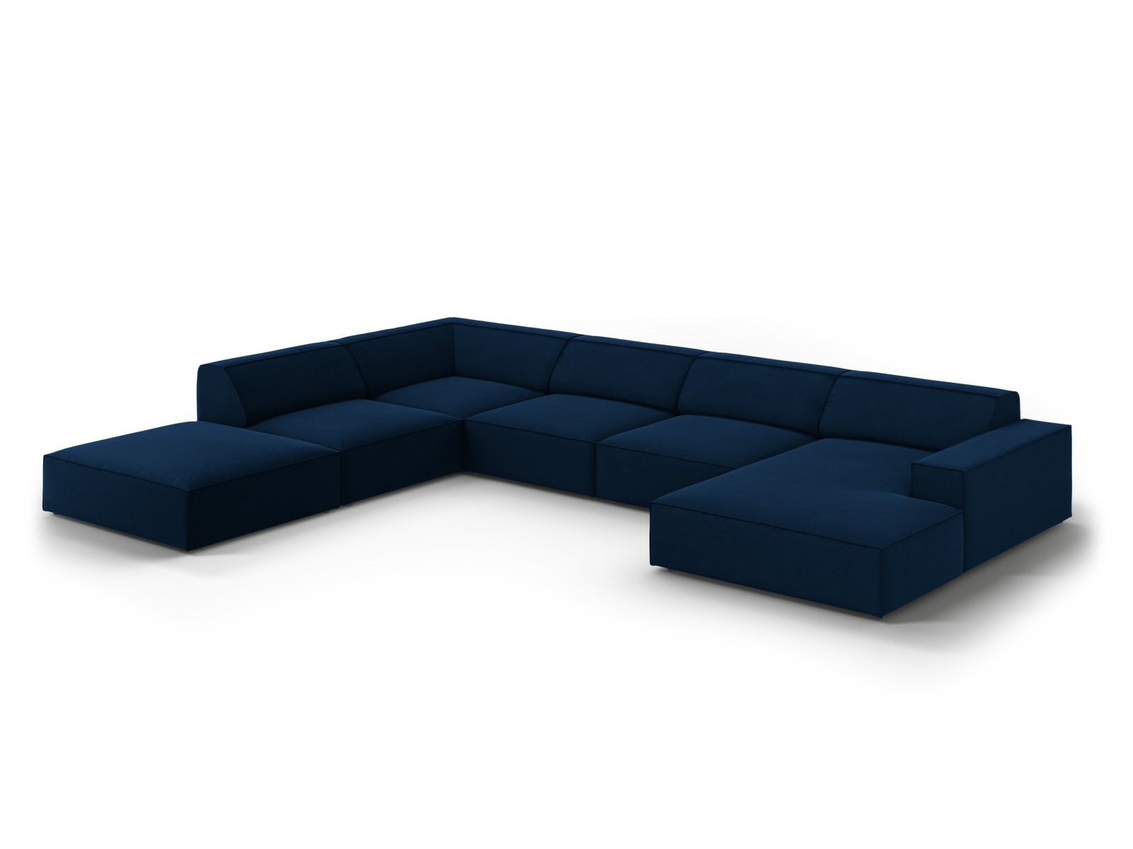 Jodie Velour modulares Panoramic Ecksofa links 7 Sitzer in Royal Blue-Bluvel präsentiert im Onlineshop von KAQTU Design AG. L-Sofa links ist von Micadoni