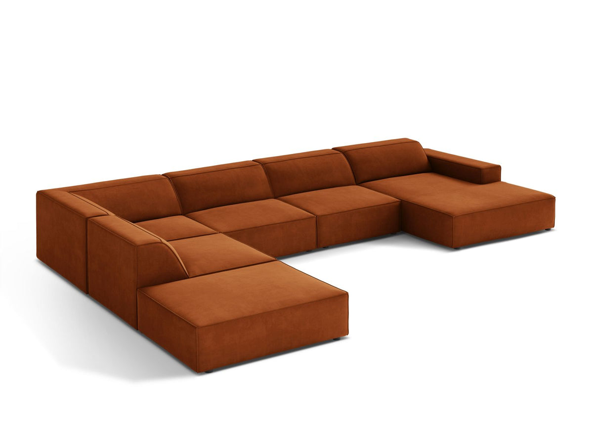 Jodie Velour modulares Panoramic Ecksofa links 7 Sitzer in Terracotta-Bluvel präsentiert im Onlineshop von KAQTU Design AG. Ecksofa links ist von Micadoni