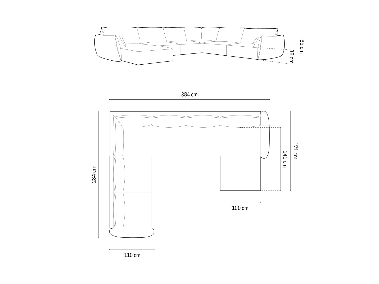 Luxuriöses Kaelle Velour Panoramic Ecksofa links für 8 Personen, perfekt für moderne Wohnzimmer mit einem Hauch von Eleganz.