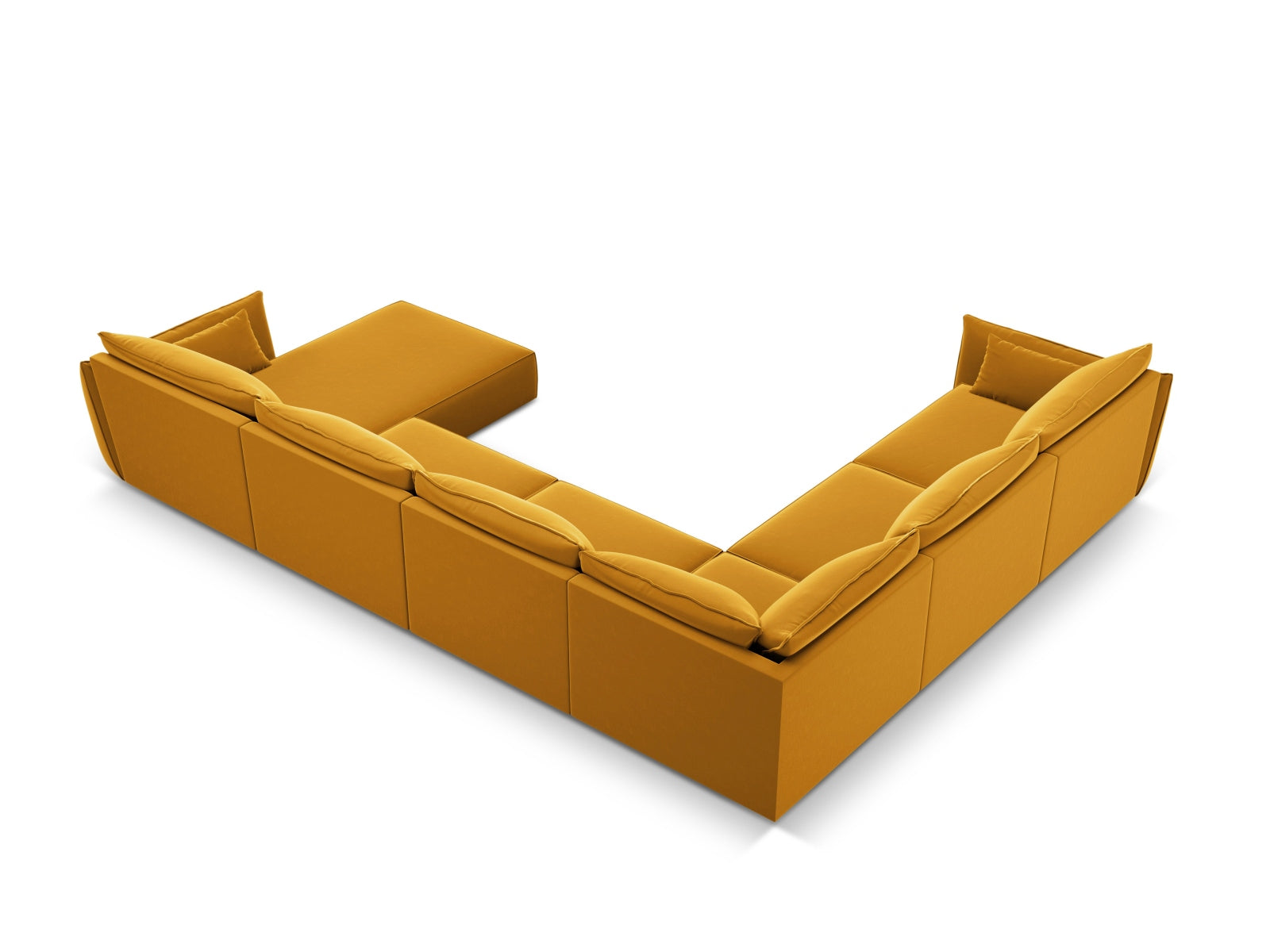Luxuriöses Kaelle Velour Panoramic Ecksofa links für 8 Personen in ansprechendem Gelb-Blau, perfekt für zeitgemäße Inneneinrichtungen.