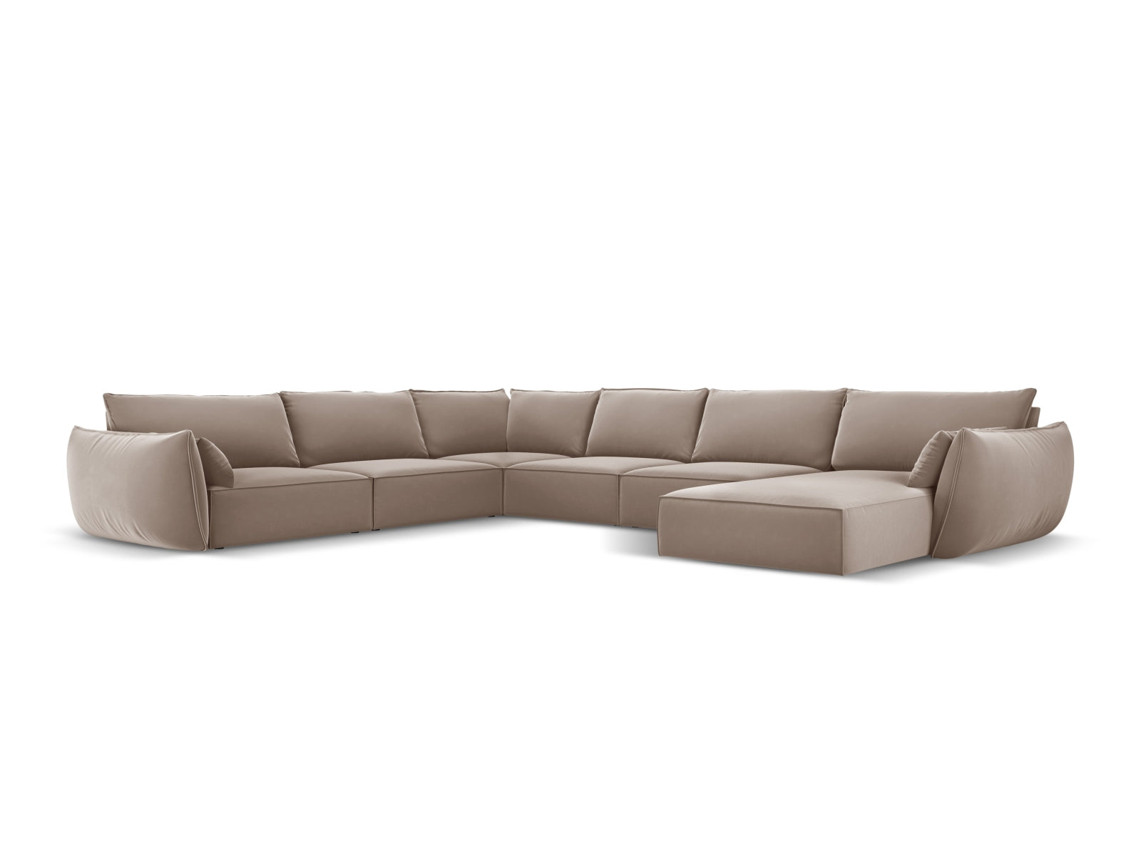 Elegantes Kaelle Velour Panoramic Ecksofa links für 8 Personen in stilvollem Cappuccino-Bluvel, ideal für moderne Wohnräume.