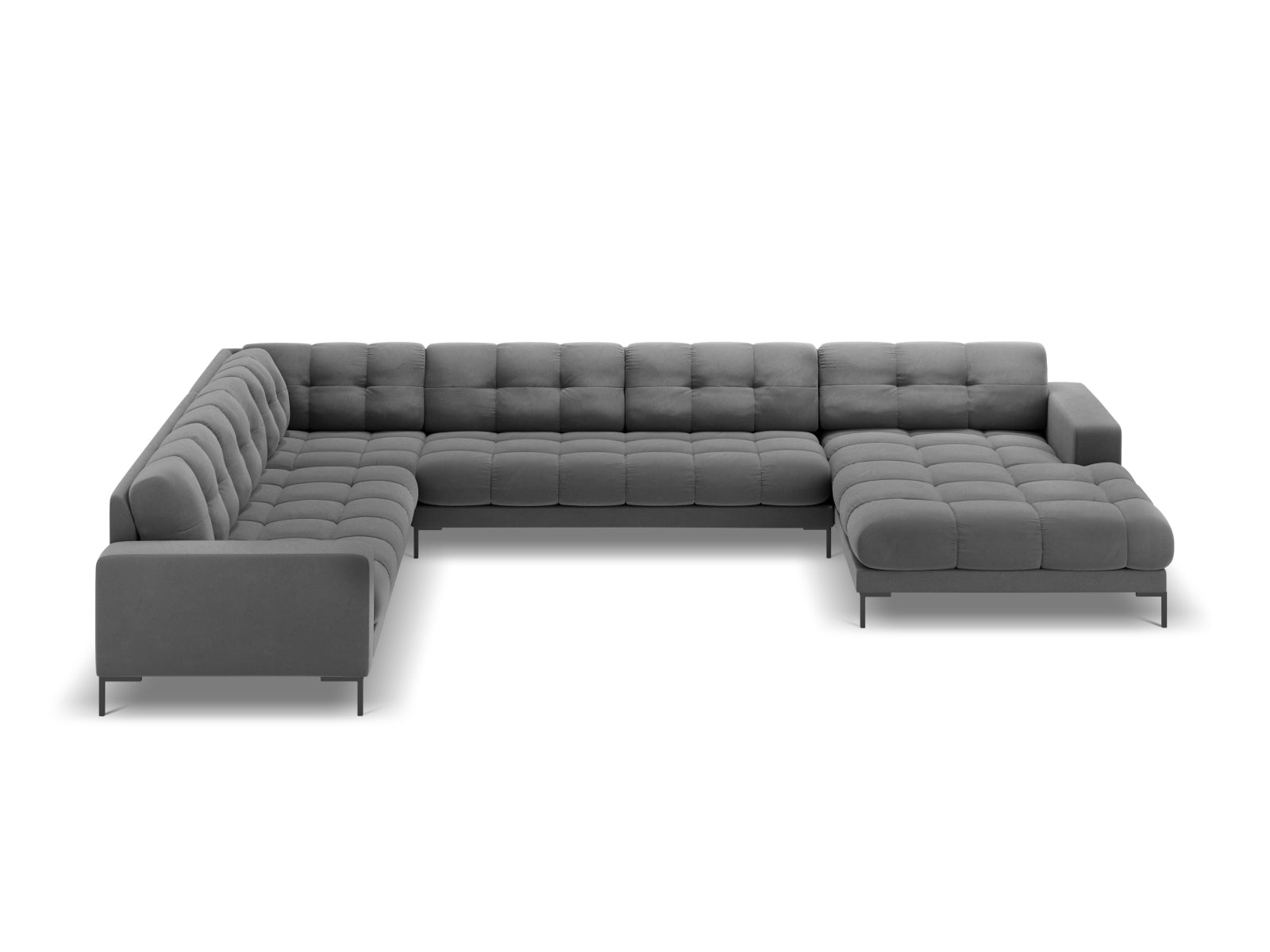 Modernes 7-sitziges Mamaia Velour Panoramic Ecksofa links, perfekt für großzügige Wohnzimmer und entspannte Zusammenkünfte.