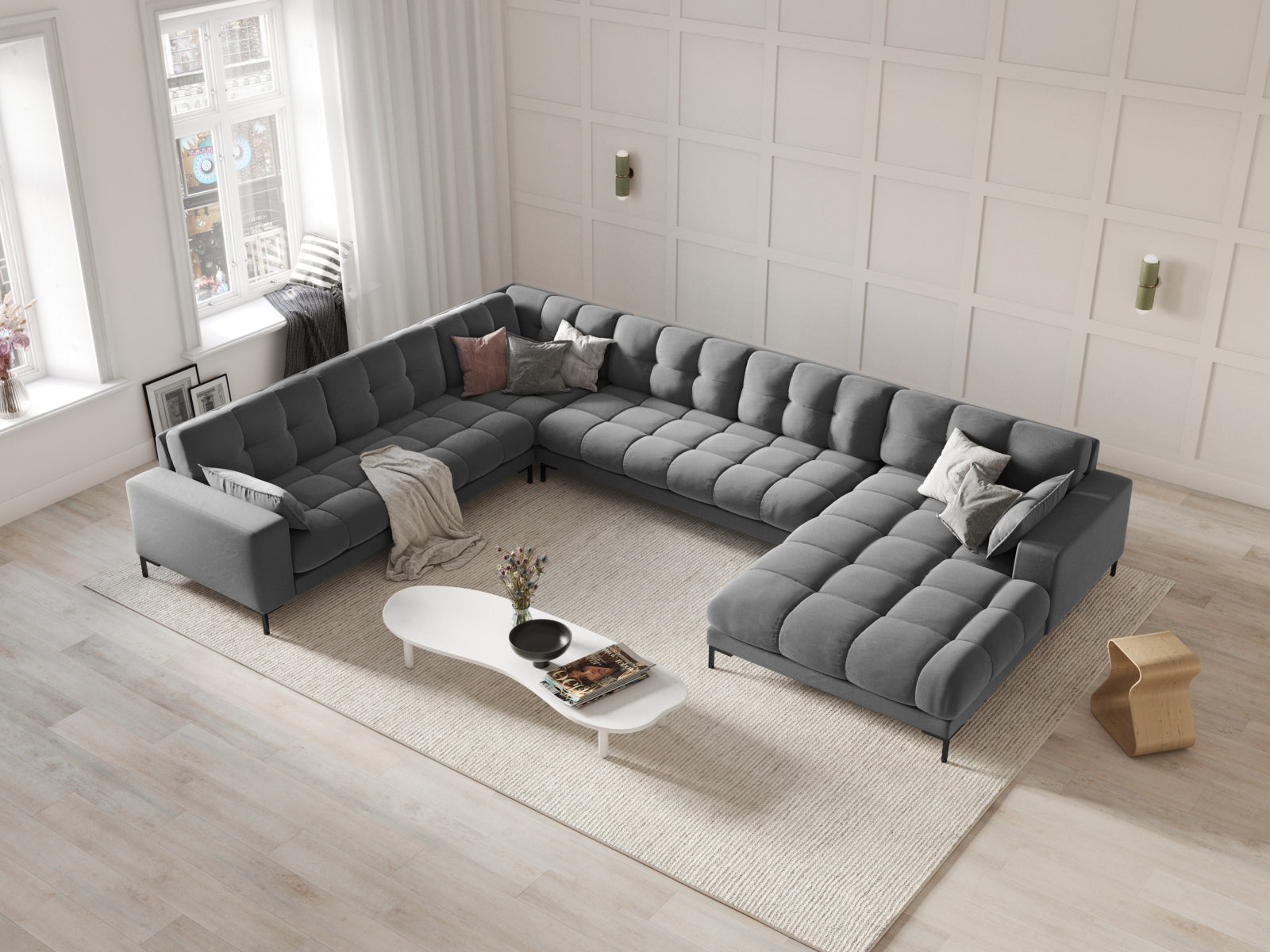 Entdecken Sie das Mamaia Velour Panoramic Ecksofa links von Micadoni – ein elegantes 7-Sitzer Sofa, das Komfort und Stil in Ihr Wohnzimmer bringt.