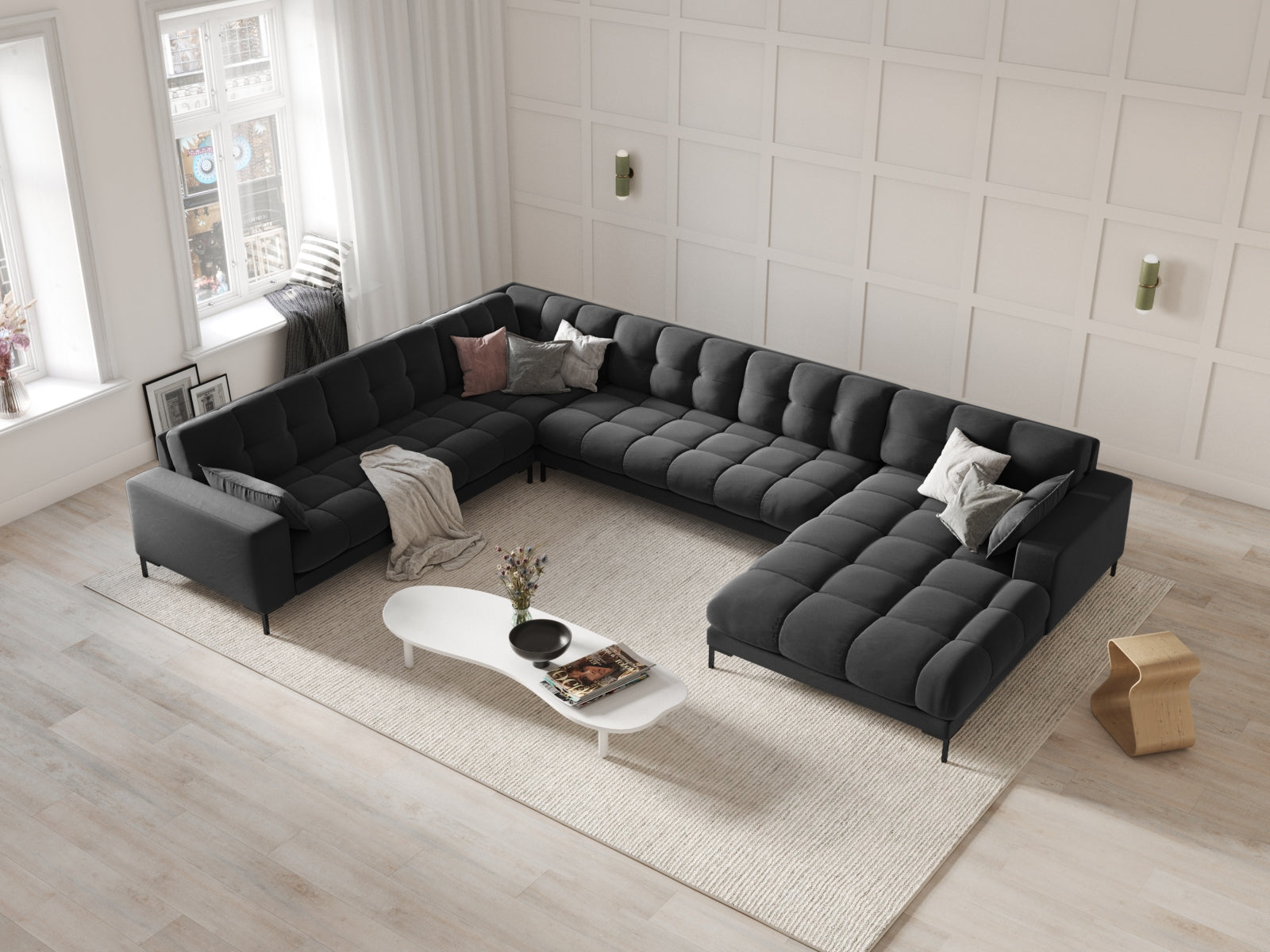 Entdecken Sie das elegante Mamaia Velour Panoramic Ecksofa links von Micadoni – ein stilvolles 7-Sitzer Sofa für höchsten Komfort in Ihrem Wohnzimmer.