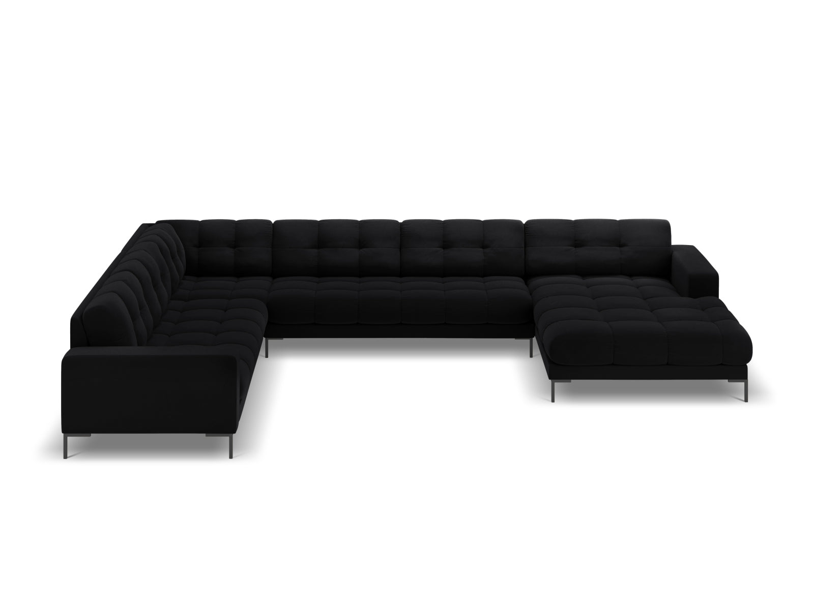 Erleben Sie das Mamaia Velour Panoramic Ecksofa links von Micadoni – ein luxuriöses 7-Sitzer Sofa, das Stil und Komfort in Ihr Zuhause bringt.