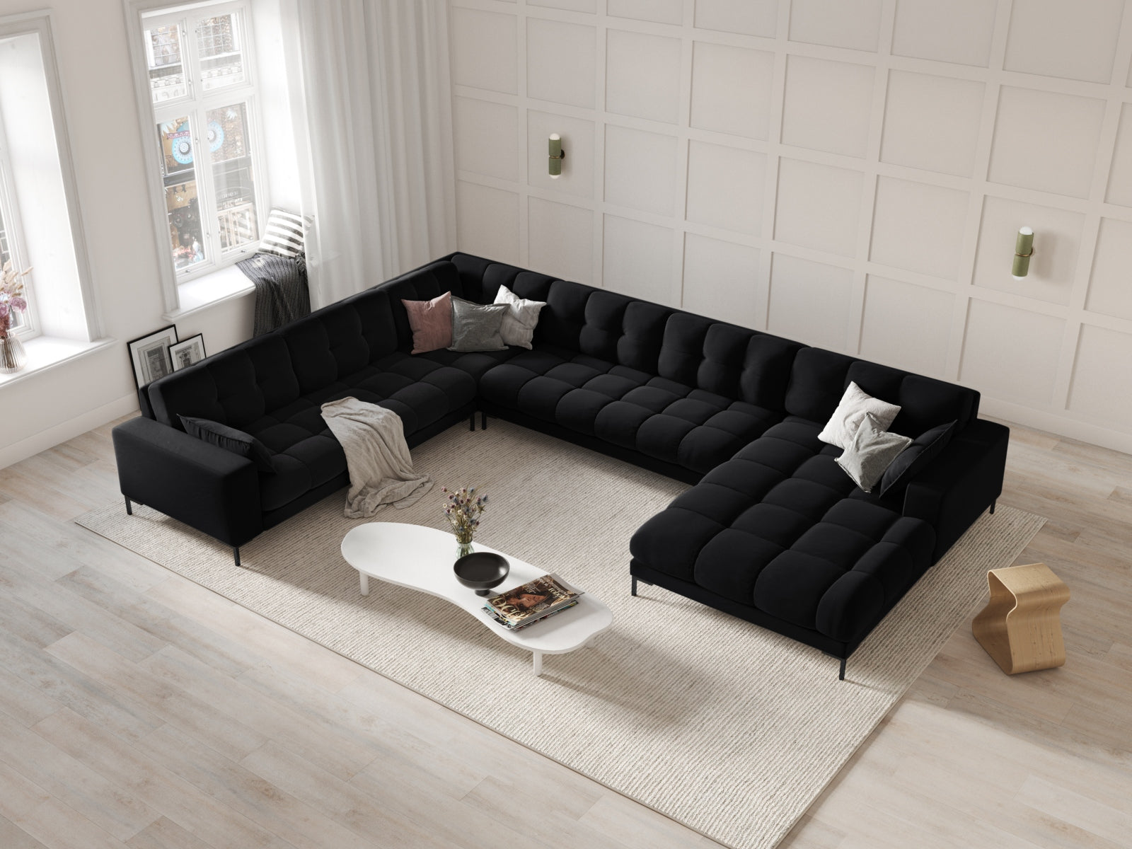 Entdecken Sie das elegante Mamaia Velour Panoramic Ecksofa links von Micadoni – ein stilvolles 7-Sitzer Sofa für höchsten Komfort in Ihrem Wohnzimmer.