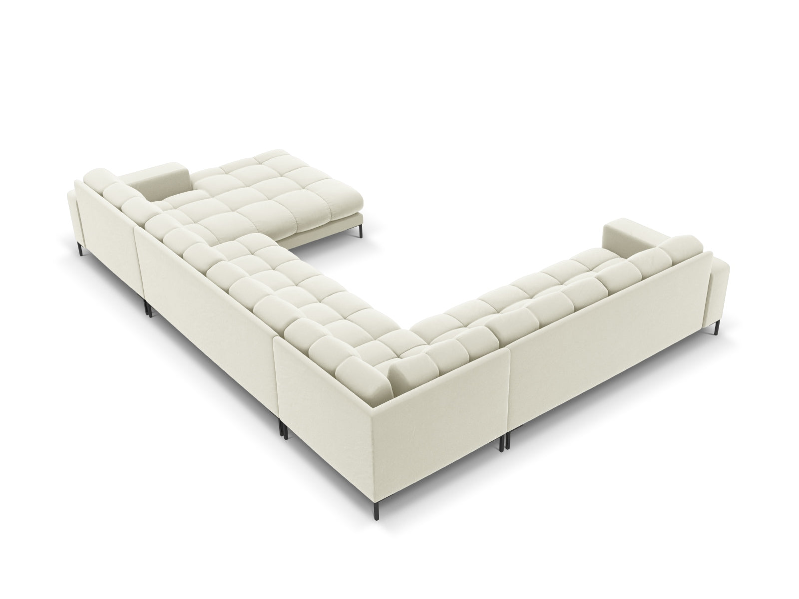 Stilvolles Mamaia Velour Panoramic Ecksofa links, 7 Sitzer, in sanften Beige- und Schwarzfarben, ideal für einladende Wohnräume.