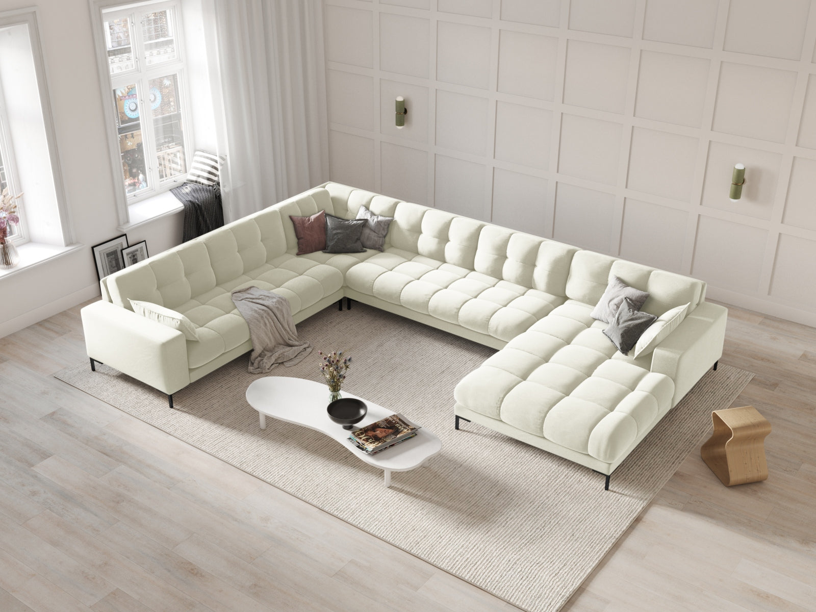Entdecken Sie das Mamaia Velour Panoramic Ecksofa links von Micadoni – ein elegantes 7-Sitzer Sofa, das Komfort und Stil in Ihr Wohnzimmer bringt.