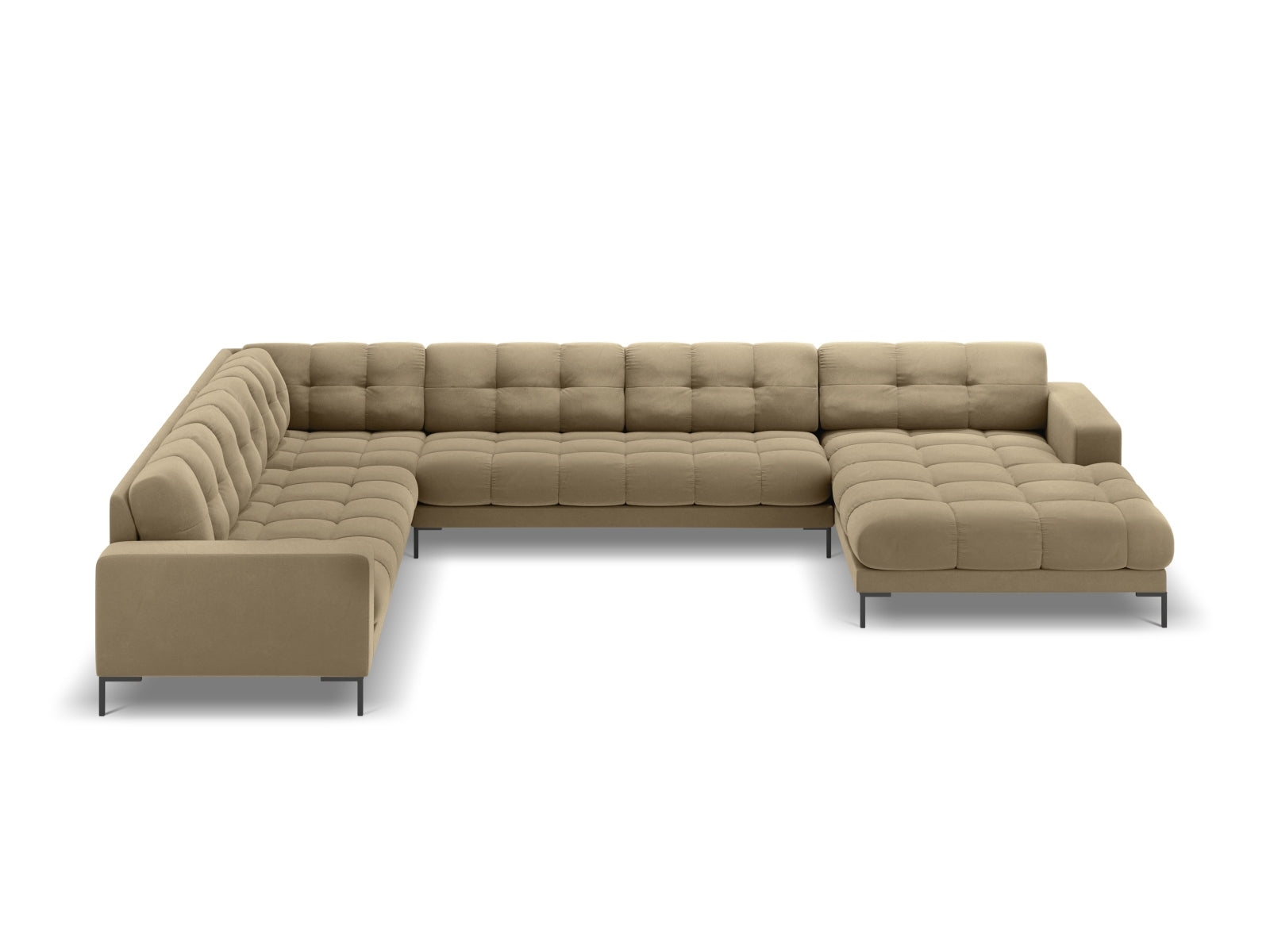 Erleben Sie das Mamaia Velour Panoramic Ecksofa links von Micadoni – ein luxuriöses 7-Sitzer Sofa, das Stil und Komfort in Ihr Zuhause bringt.