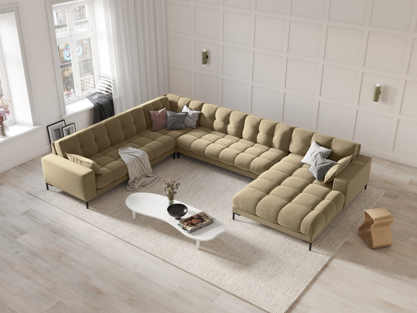 Entdecken Sie das elegante Mamaia Velour Panoramic Ecksofa links von Micadoni – ein stilvolles 7-Sitzer Sofa für höchsten Komfort in Ihrem Wohnzimmer.