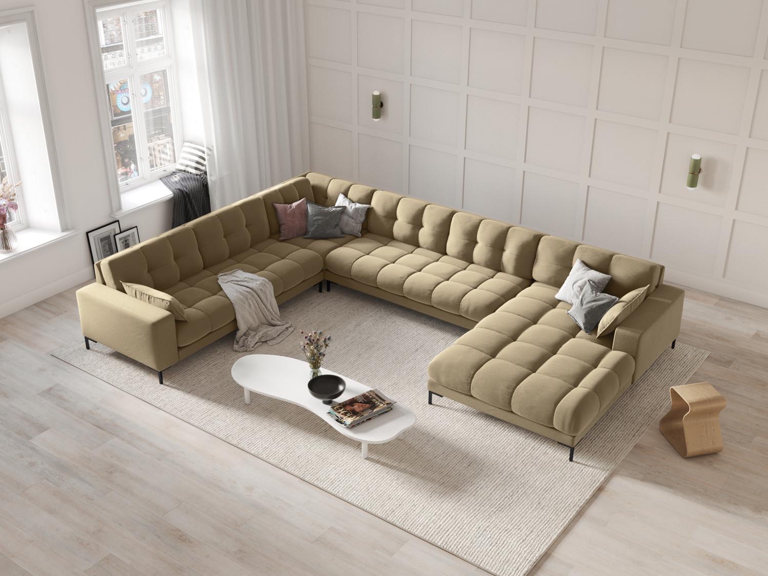 Elegantes Mamaia Velour Panoramic Ecksofa links in stilvollem Beige und Schwarz, ideal für moderne Wohnräume und gemütliche Abende.