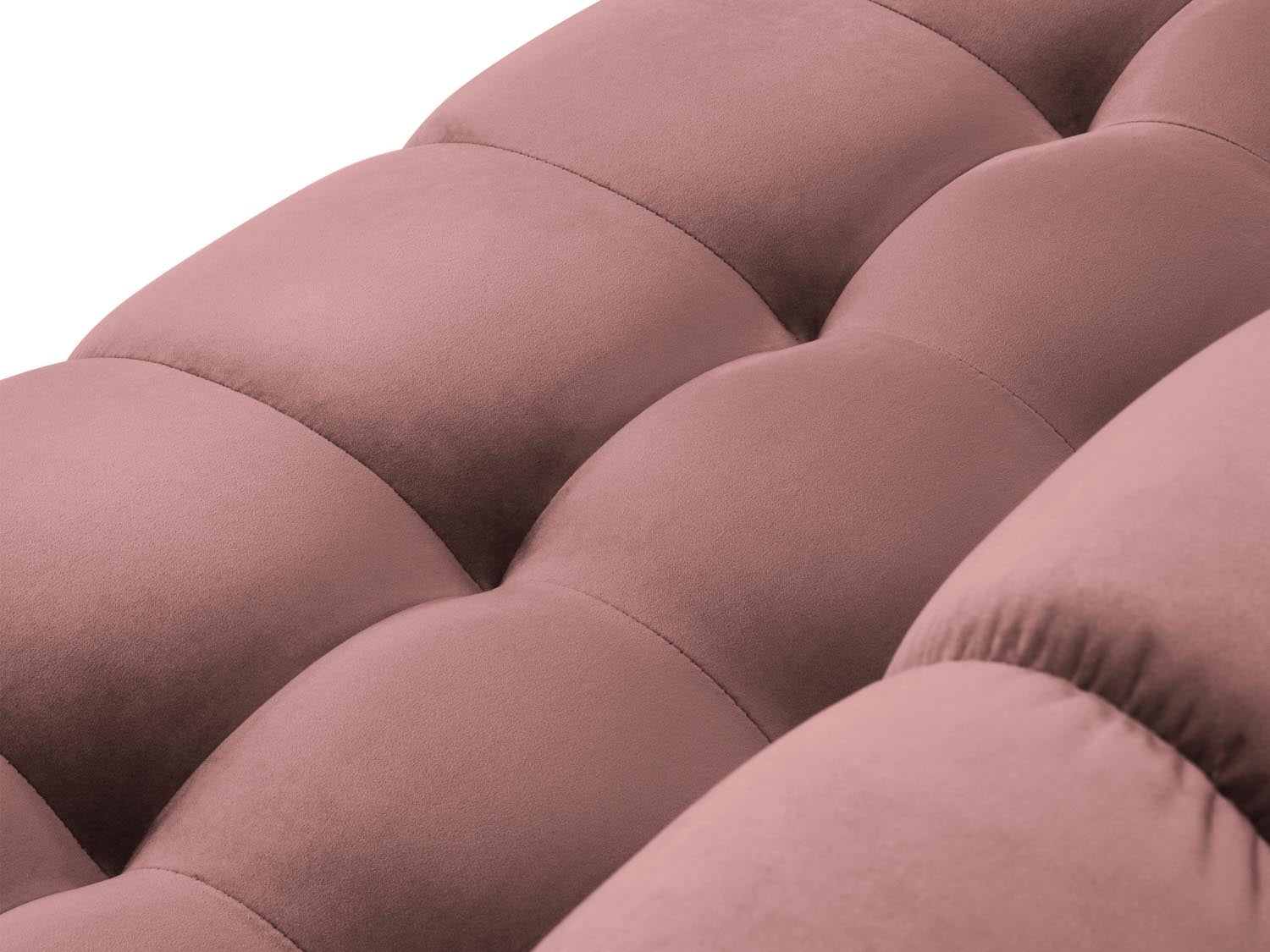 Stylisches Mamaia Velour Panoramic Ecksofa links in auffälligem Pink und Schwarz, perfekt für einladende Wohnzimmer und gesellige Zusammenkünfte.
