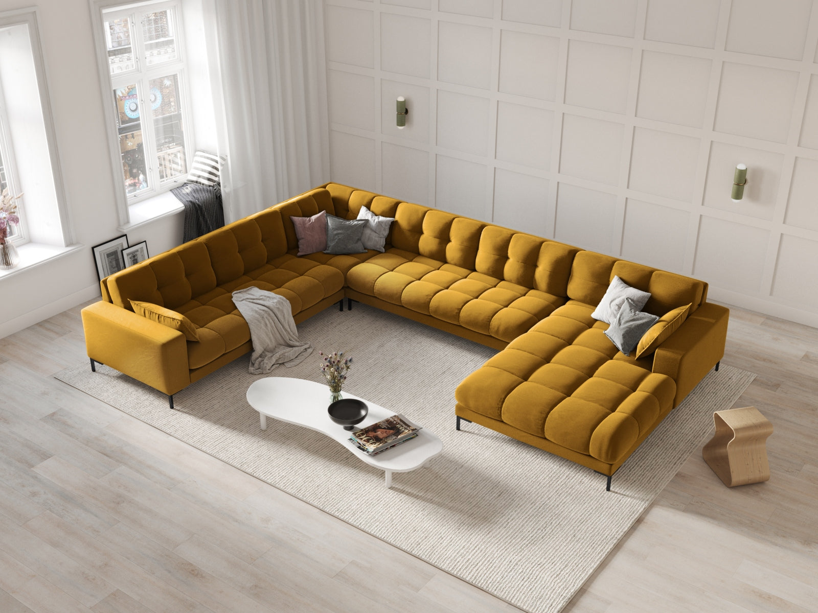 Entdecken Sie das elegante Mamaia Velour Panoramic Ecksofa links von Micadoni – ein stilvolles 7-Sitzer Sofa für höchsten Komfort in Ihrem Wohnzimmer.