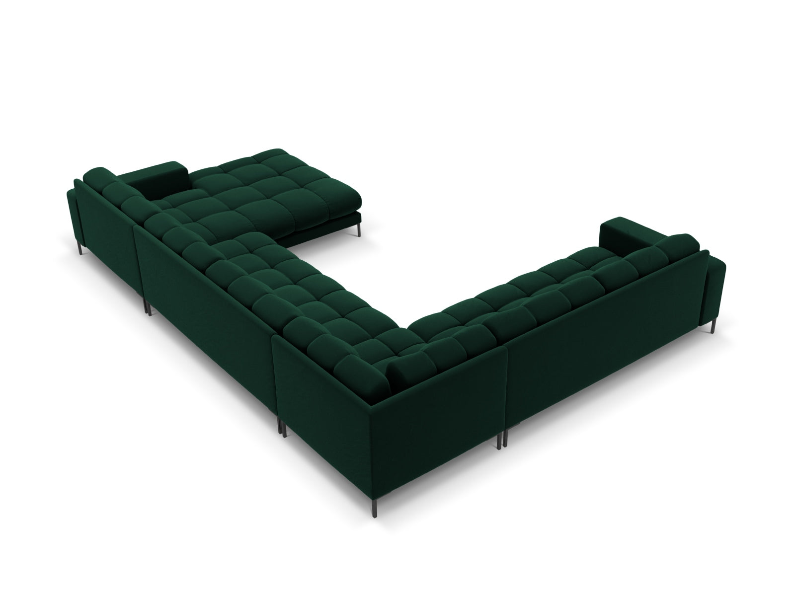 Elegantes Mamaia Velour Panoramic Ecksofa links in stilvollem Flaschengrün und Schwarz-Bluvel, ideal für ein zeitgemäßes Wohnambiente.