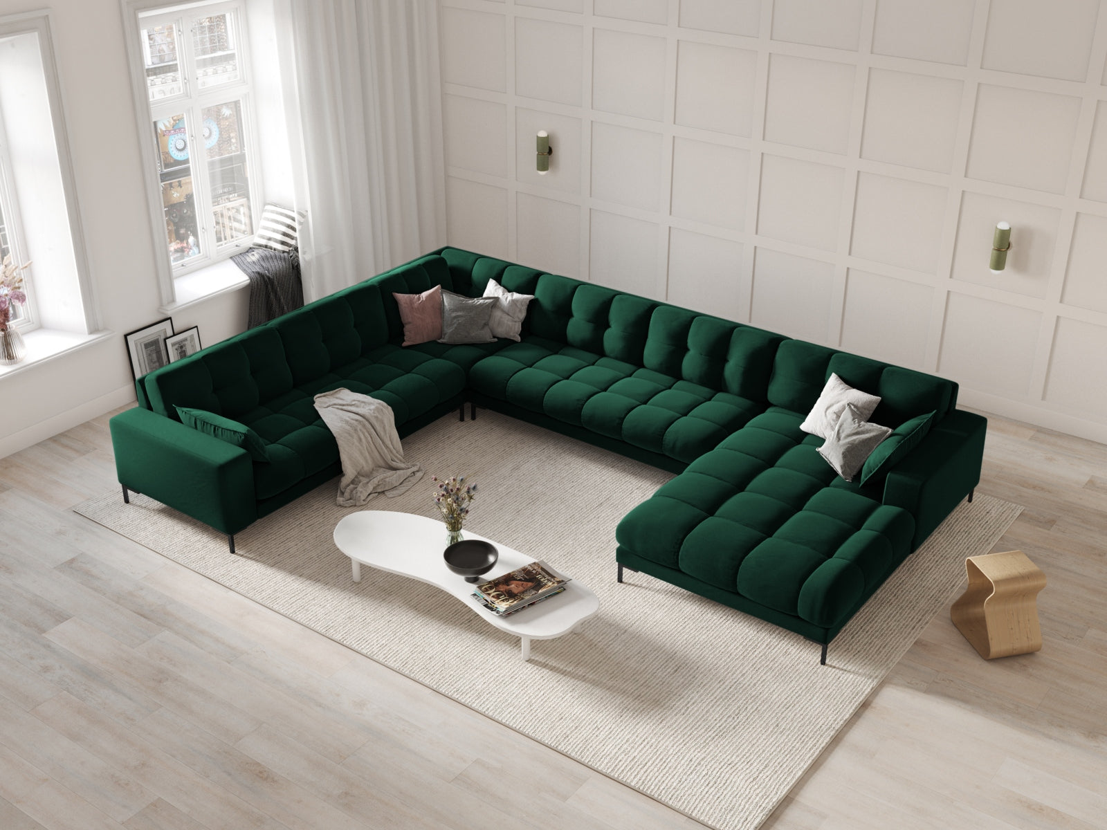 Entdecken Sie das elegante Mamaia Velour Panoramic Ecksofa links von Micadoni – ein stilvolles 7-Sitzer Sofa für höchsten Komfort in Ihrem Wohnzimmer.