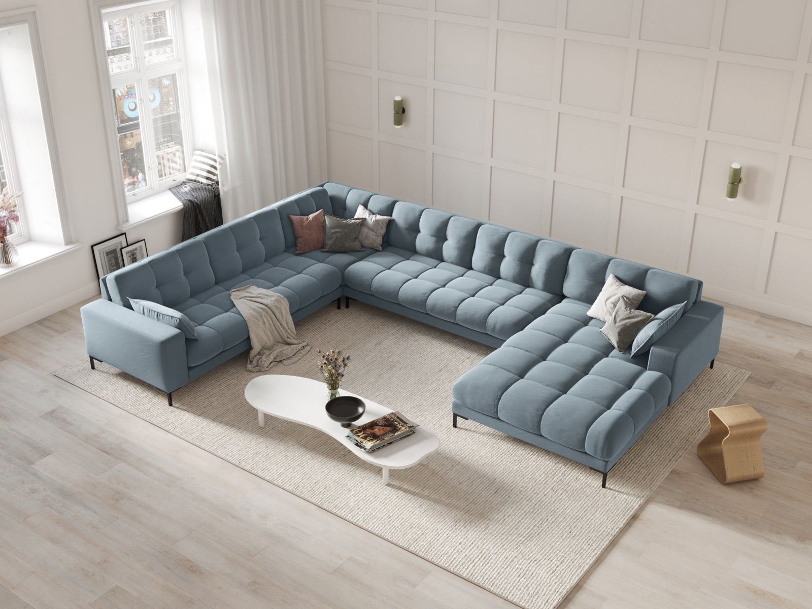 Entdecken Sie das stilvolle Mamaia Velour Panoramic Ecksofa links von Micadoni – ein 7-Sitzer, der Komfort und Eleganz in Ihr Wohnzimmer bringt.