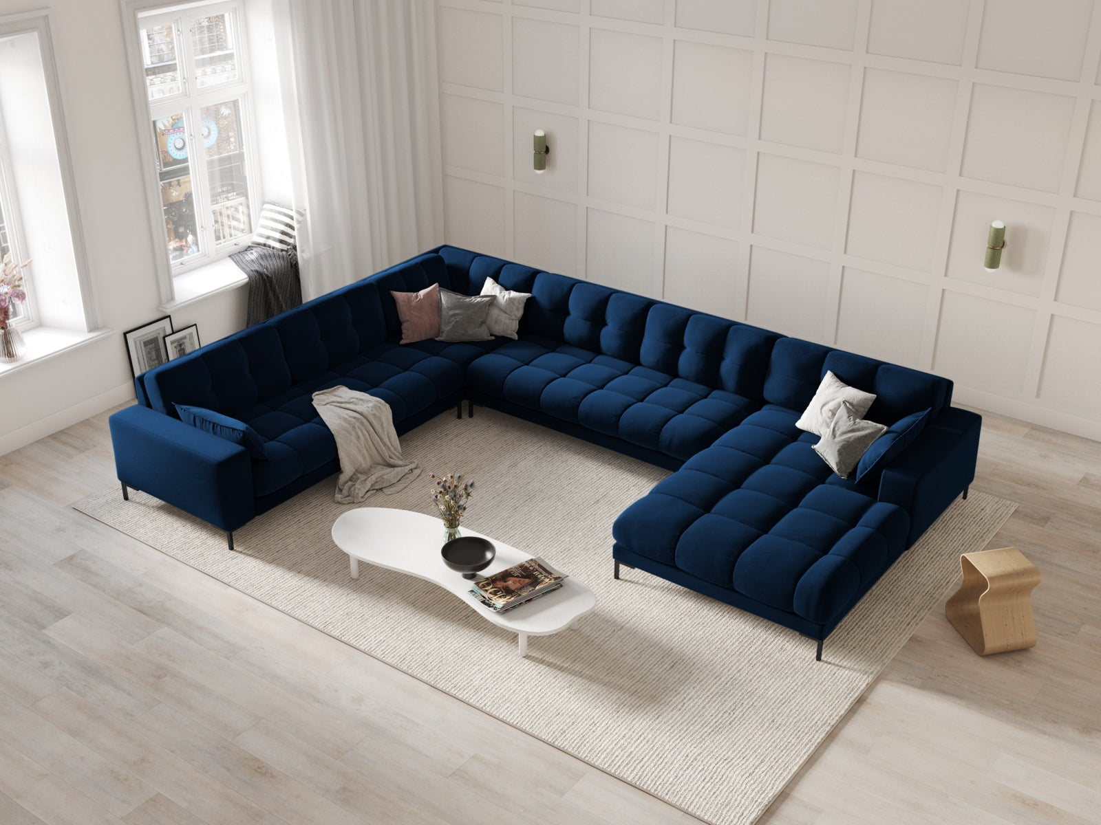 Entdecken Sie das Mamaia Velour Panoramic Ecksofa links von Micadoni – ein elegantes 7-Sitzer Sofa, das Komfort und Stil in Ihr Wohnzimmer bringt.