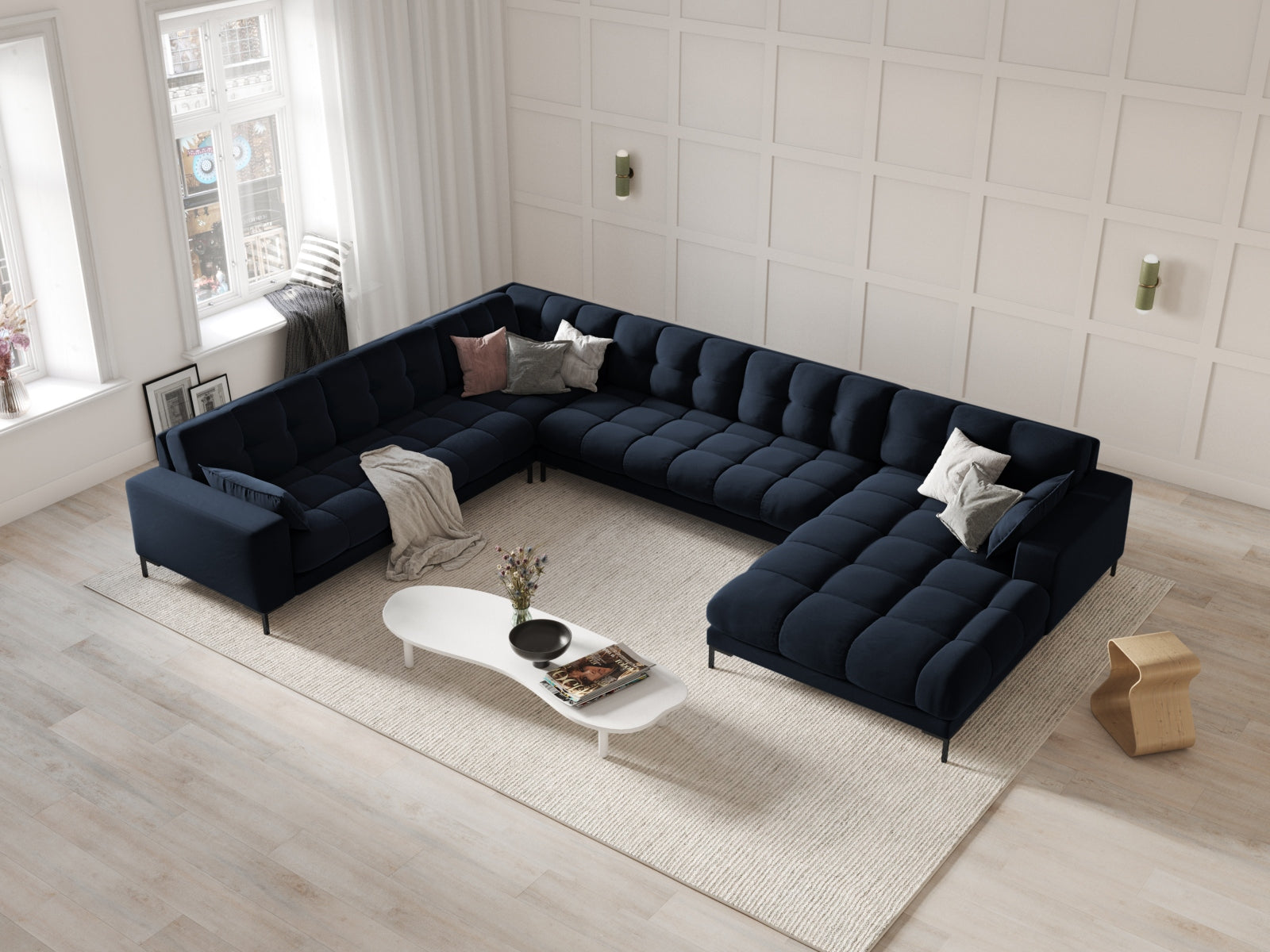 Entdecken Sie das Mamaia Velour Panoramic Ecksofa links von Micadoni – ein elegantes 7-Sitzer Sofa, das Komfort und Stil in Ihr Wohnzimmer bringt.