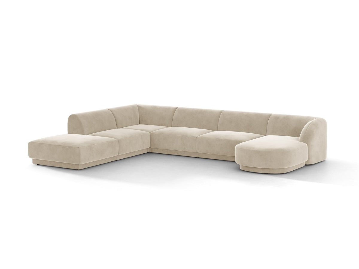 Miley Panoramasofa von Micadoni, Ecksofa links in Dunkelbeige mit Bluvel-Stoffbezug, schwarzen Kunststofffüssen und niedriger Rückenlehne.