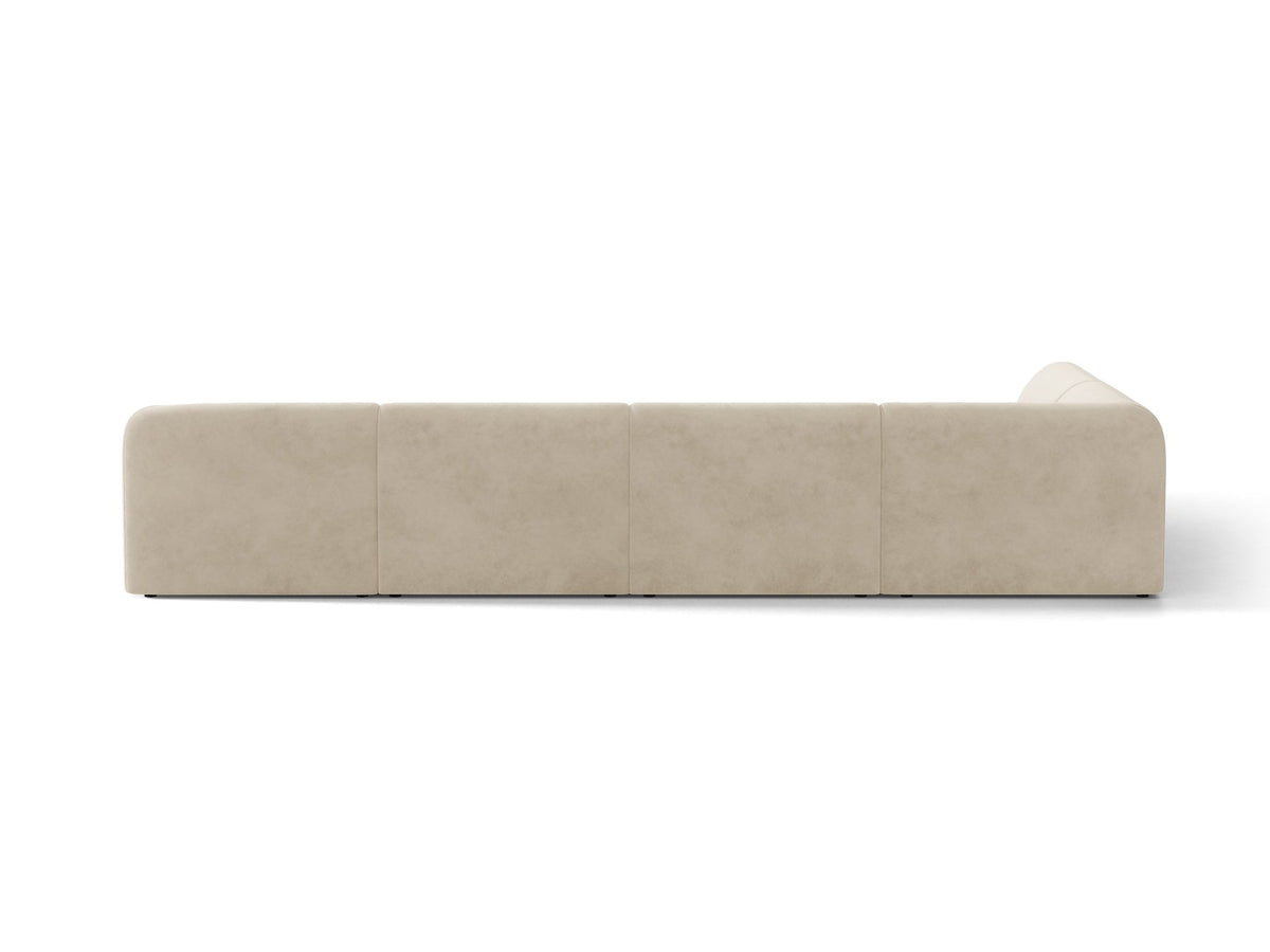 Miley Panoramasofa von Micadoni, Ecksofa links in Dunkelbeige mit Bluvel-Stoffbezug, schwarzen Kunststofffüssen und niedriger Rückenlehne.