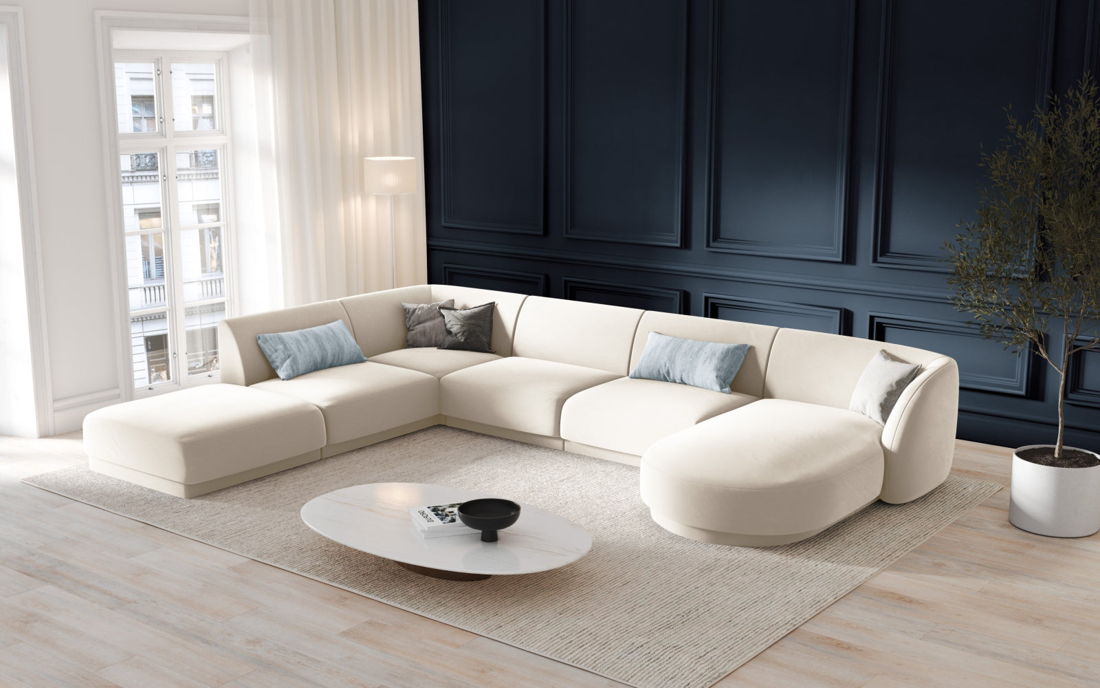 Elegantes Miley Velour Panoramic Ecksofa links für 6 Personen in sanftem Beige, ideal für stilvolle Wohnräume.