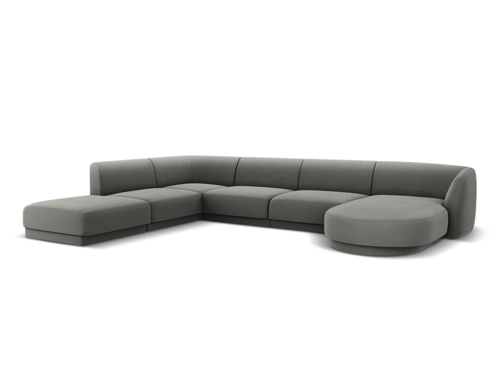 Modernes Miley Velour Panoramic Ecksofa links in sanftem Grau, perfekt für gemütliche Zusammenkünfte und stilvolle Einrichtung.