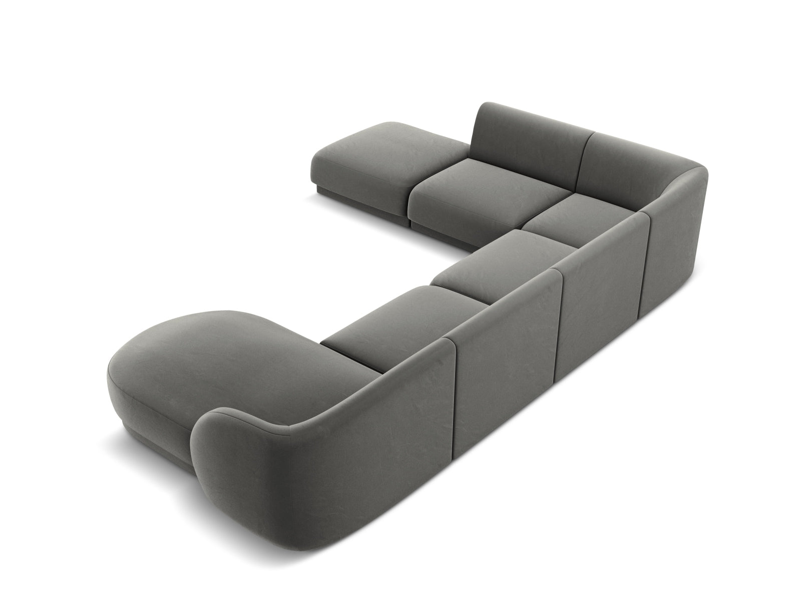 Elegantes Miley Velour Panoramic Ecksofa links in sanftem Grau, ideal für entspannte Abende und einladende Wohnräume.