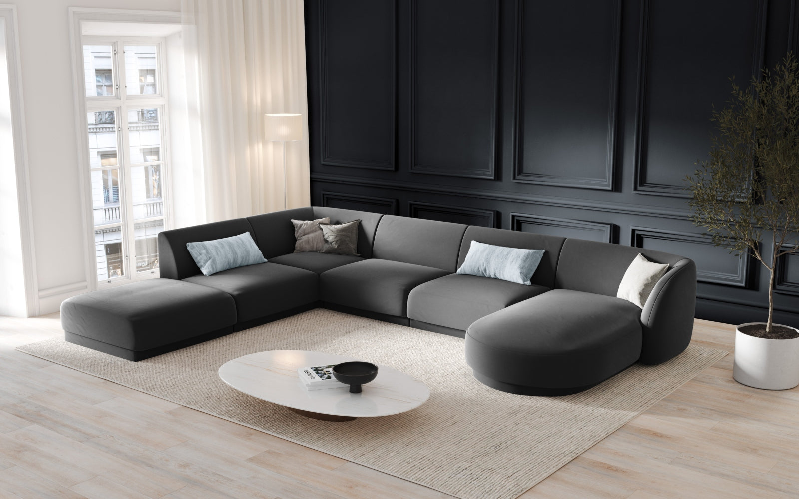 Miley Velour Panoramic Ecksofa links 6 Sitzer in Grey-Bluvel präsentiert im Onlineshop von KAQTU Design AG. Ecksofa links ist von Micadoni