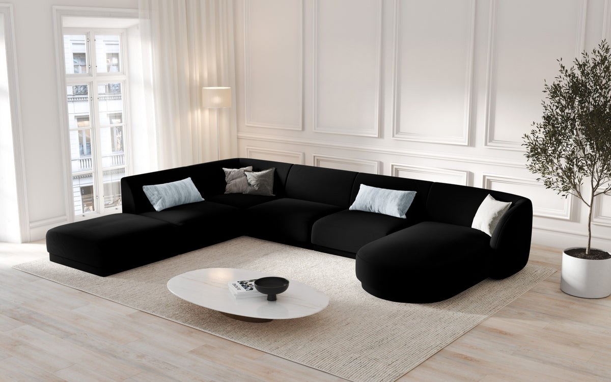 Miley Velour Panoramic Ecksofa links 6 Sitzer in Black-Bluvel präsentiert im Onlineshop von KAQTU Design AG. Ecksofa links ist von Micadoni