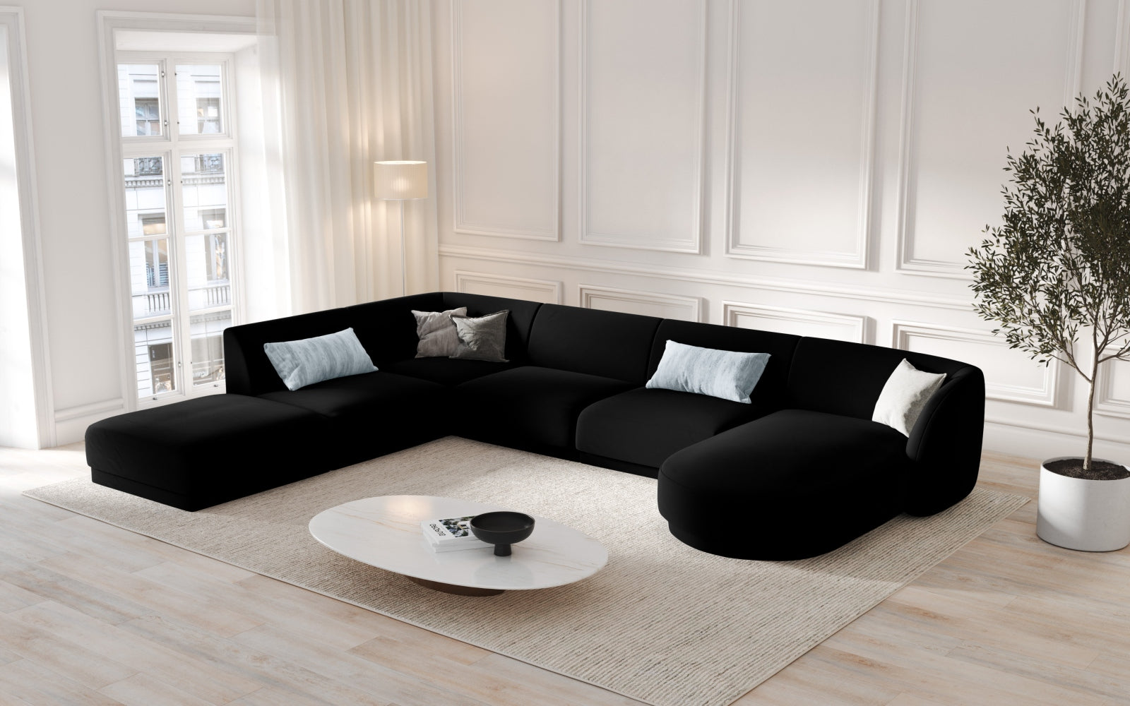 Elegantes Miley Velour Panoramic Ecksofa links für 6 Personen in stilvollem Black-Bluvel, ideal für moderne Wohnräume.