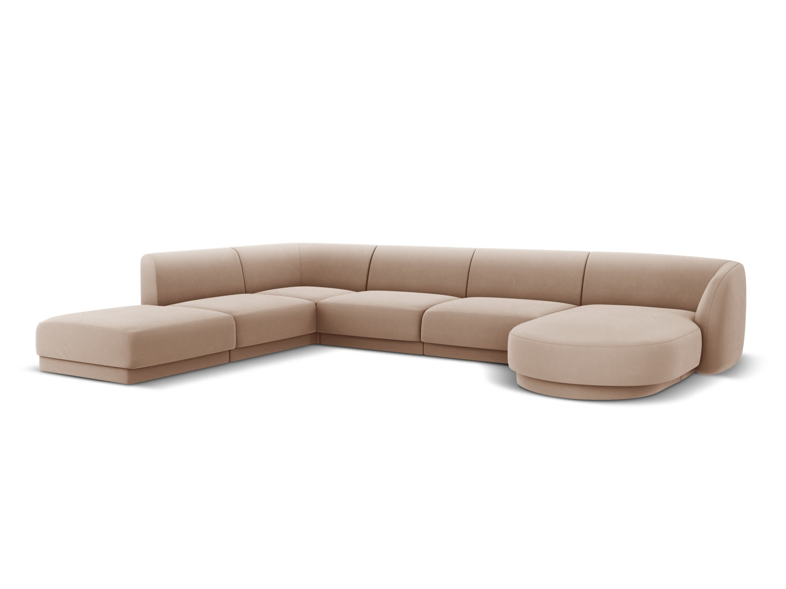 Luxuriöses Miley Velour Panoramic Ecksofa links für 6 Personen in edlem Cappuccino-Bluvel, perfekt für stilvolle Wohnzimmergestaltung.