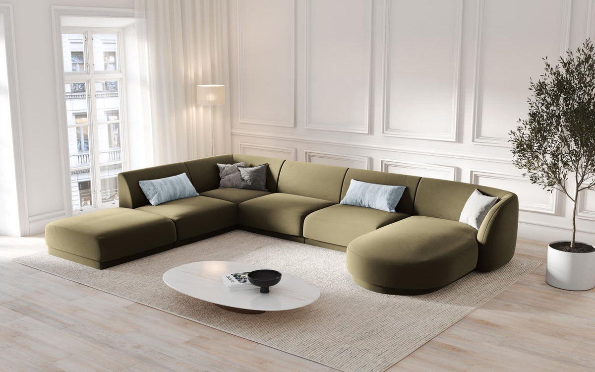 Miley Velour Panoramic Ecksofa links 6 Sitzer in Green-Bluvel präsentiert im Onlineshop von KAQTU Design AG. Ecksofa links ist von Micadoni