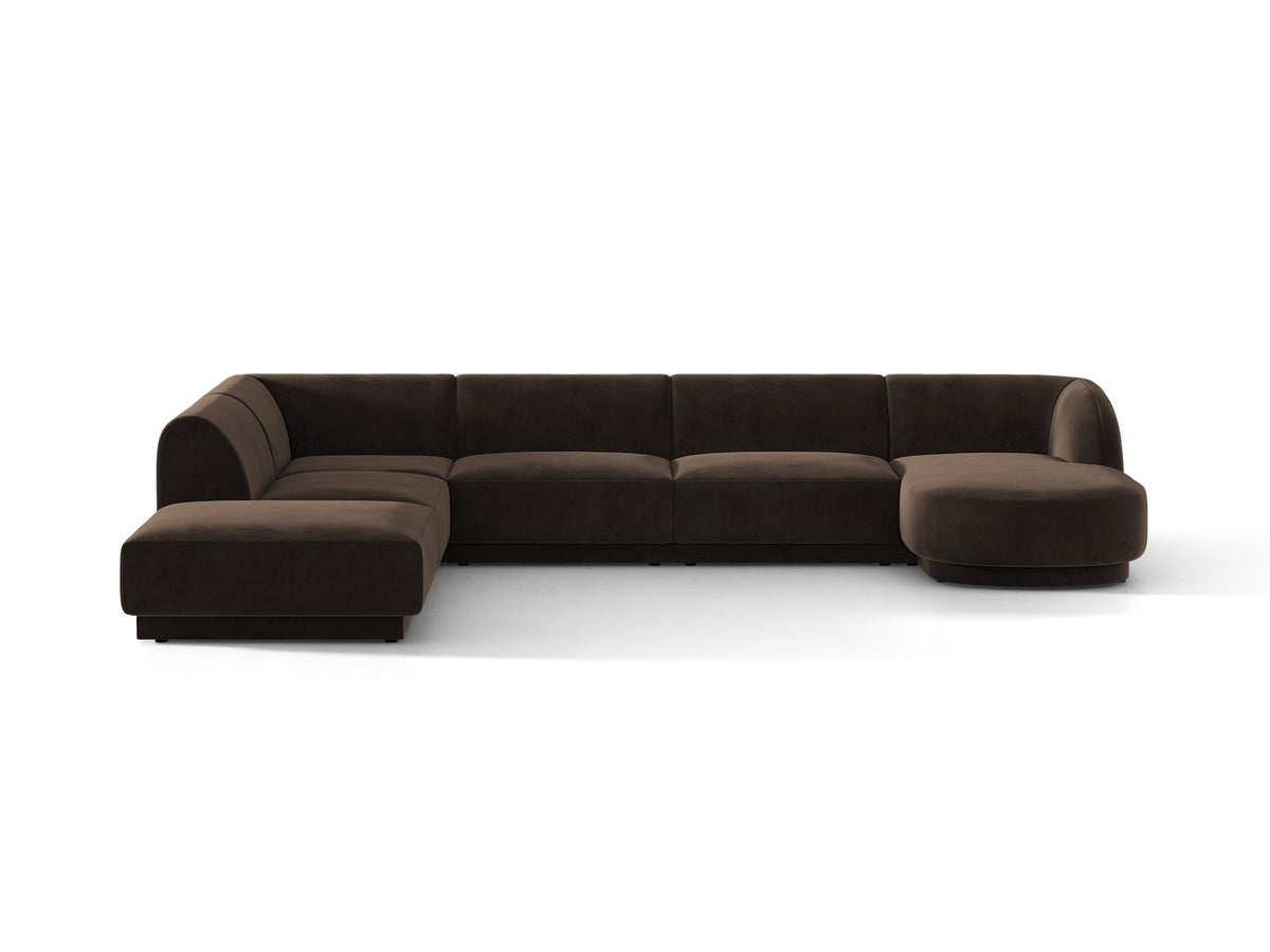 Miley Panoramasofa von Micadoni, Ecksofa links in Dunkelbeige mit Bluvel-Stoffbezug, schwarzen Kunststofffüssen und niedriger Rückenlehne.