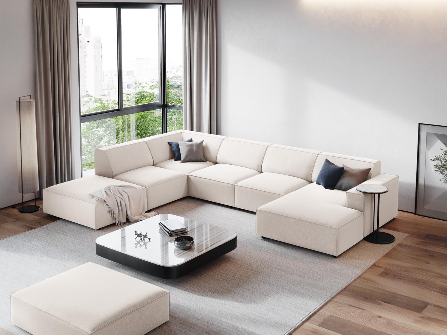 Elegantes, modulares Panoramic Ecksofa Jodie in hellem Beige, ideal für stilvolle Wohnräume. Komfortabel und geräumig für 7 Personen.