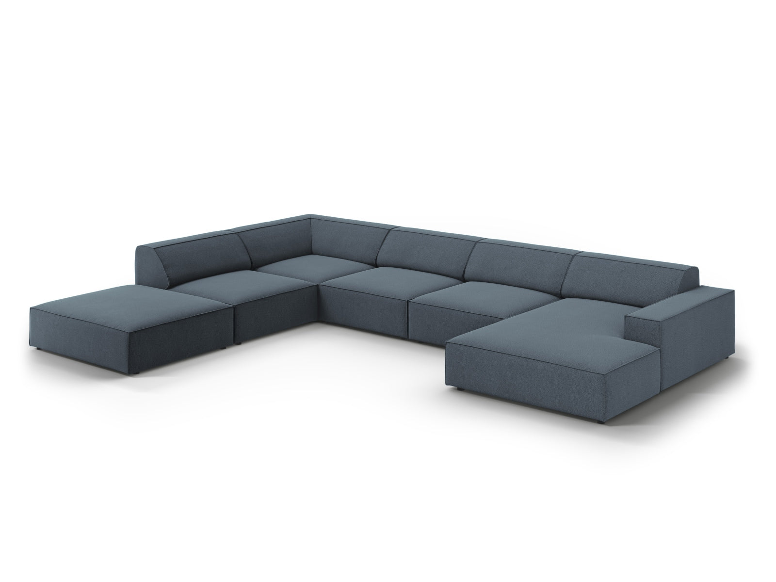 Modernes, modulares 7-Sitzer Ecksofa Jodie in stilvollem Blau, perfekt für gemütliche Wohnzimmer und entspannte Zusammenkünfte.