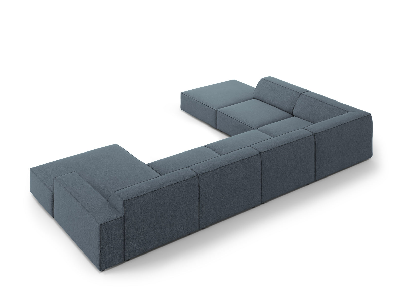 Elegantes, modulares 7-Sitzer Ecksofa Jodie in ansprechendem Blau, ideal für stilvolle Wohnräume und gesellige Abende.