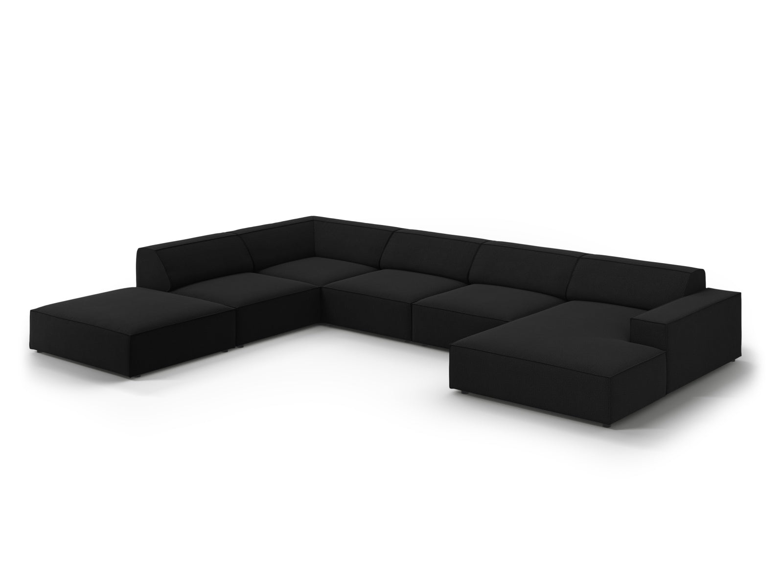 Modernes, modulares 7-Sitzer Ecksofa Jodie in Schwarz, perfekt für gemütliche Wohnzimmer, vereint Komfort und stilvolles Design.