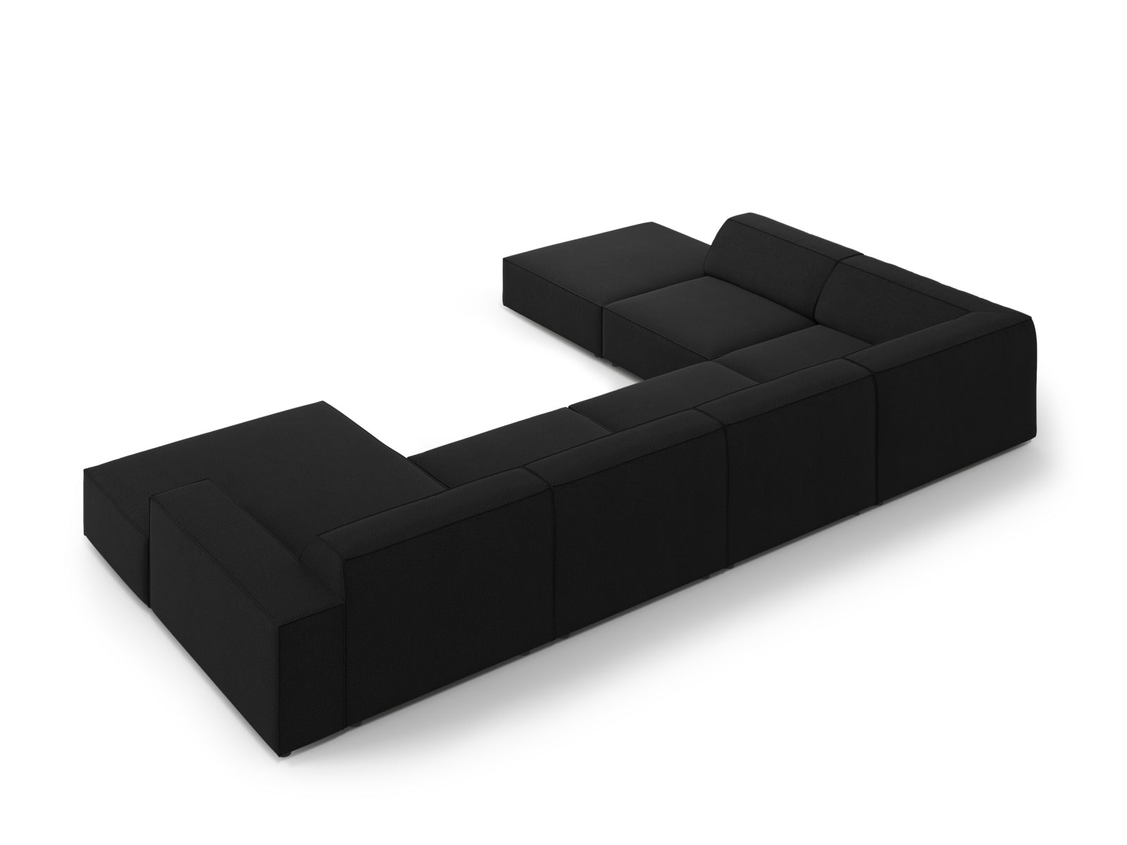 Elegantes, modulares 7-Sitzer Ecksofa Jodie in Schwarz, ideal für stilvolle Wohnräume, bietet großzügigen Platz und hohen Sitzkomfort.