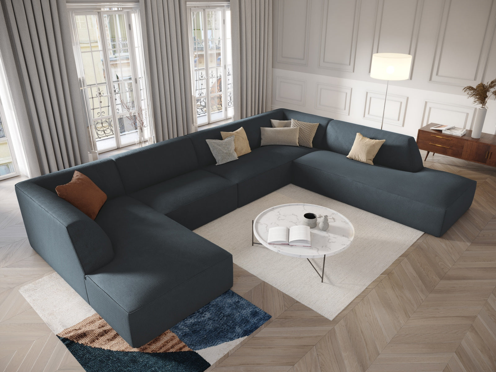 Entdecken Sie das stilvolle Ruby Panoramic Ecksofa rechts 7 Sitzer von Micadoni – ideal für Komfort und gesellige Abende in Ihrem Wohnzimmer.