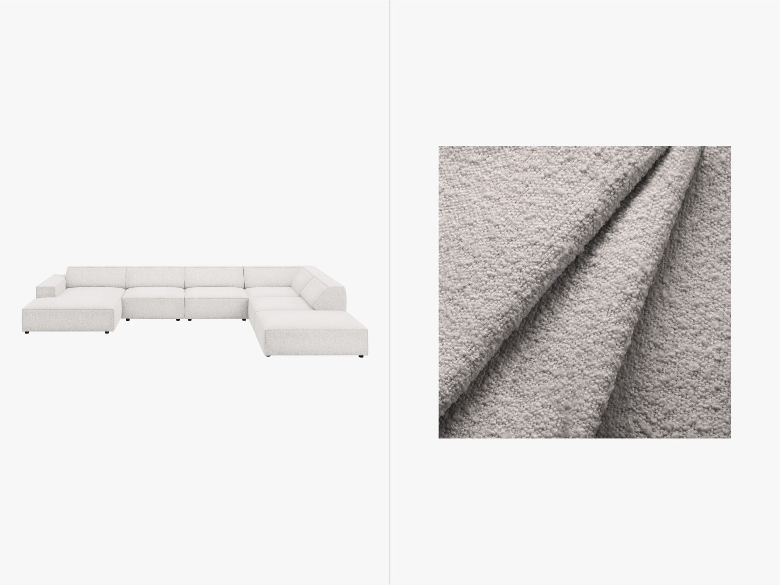 Erleben Sie das Jodie Boucle 7-Sitzer Ecksofa von Micadoni – ein modulares Design, das Stil und Komfort in Ihr Zuhause bringt.
