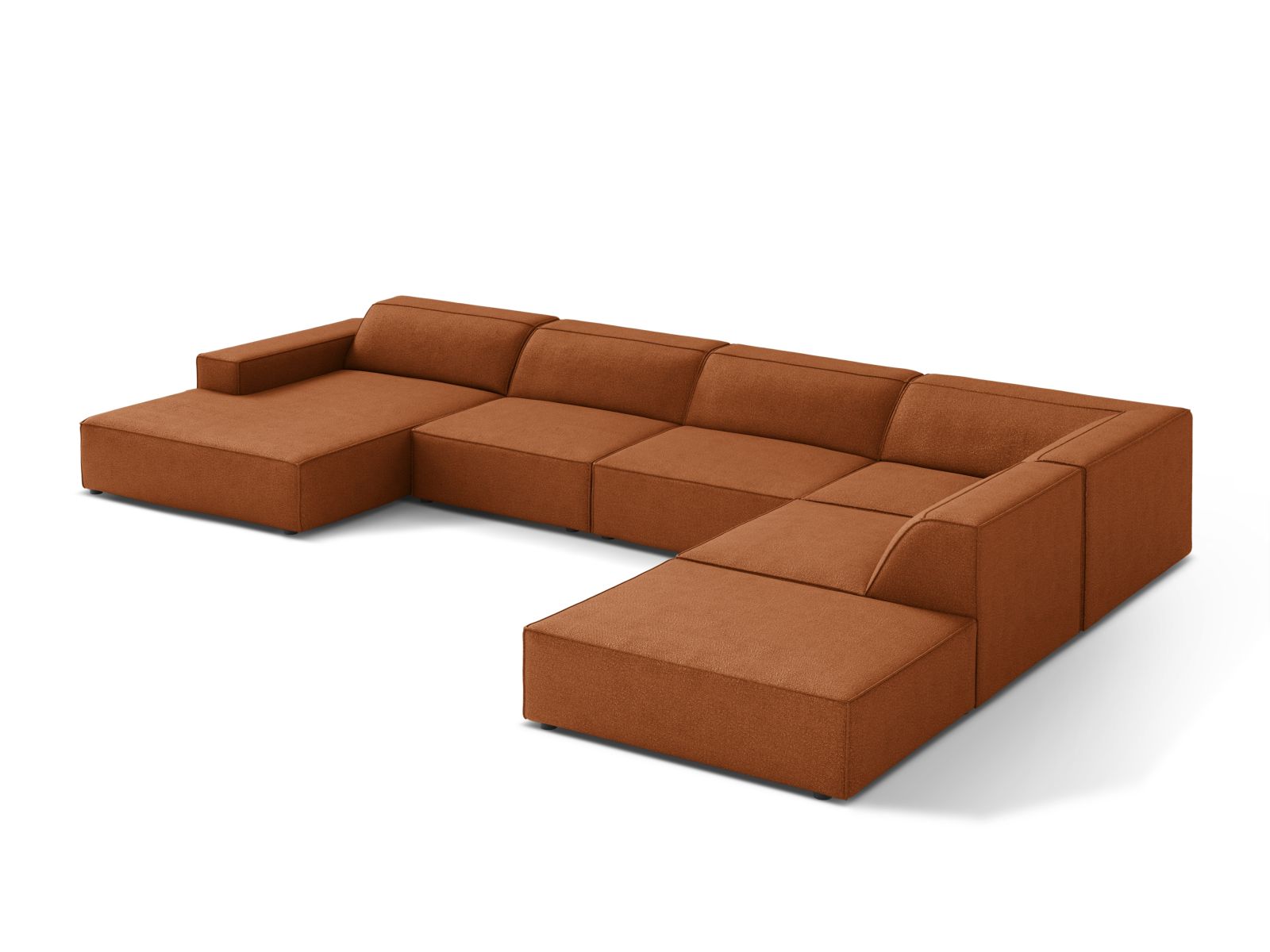 Elegantes, modulares 7-Sitzer Ecksofa Jodie Boucle in Terracotta, ideal für stilvolle Wohnräume und gesellige Abende.