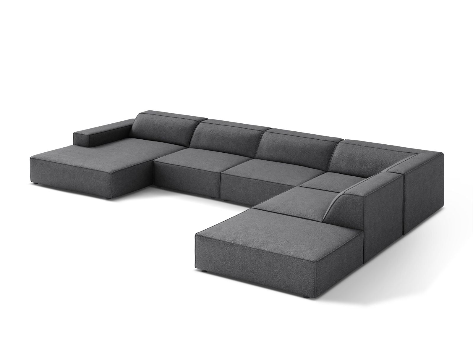 Elegantes, modulares Ecksofa Jodie Boucle in Dunkelgrau, ideal für großzügige Wohnräume und entspannte Stunden mit Freunden und Familie.