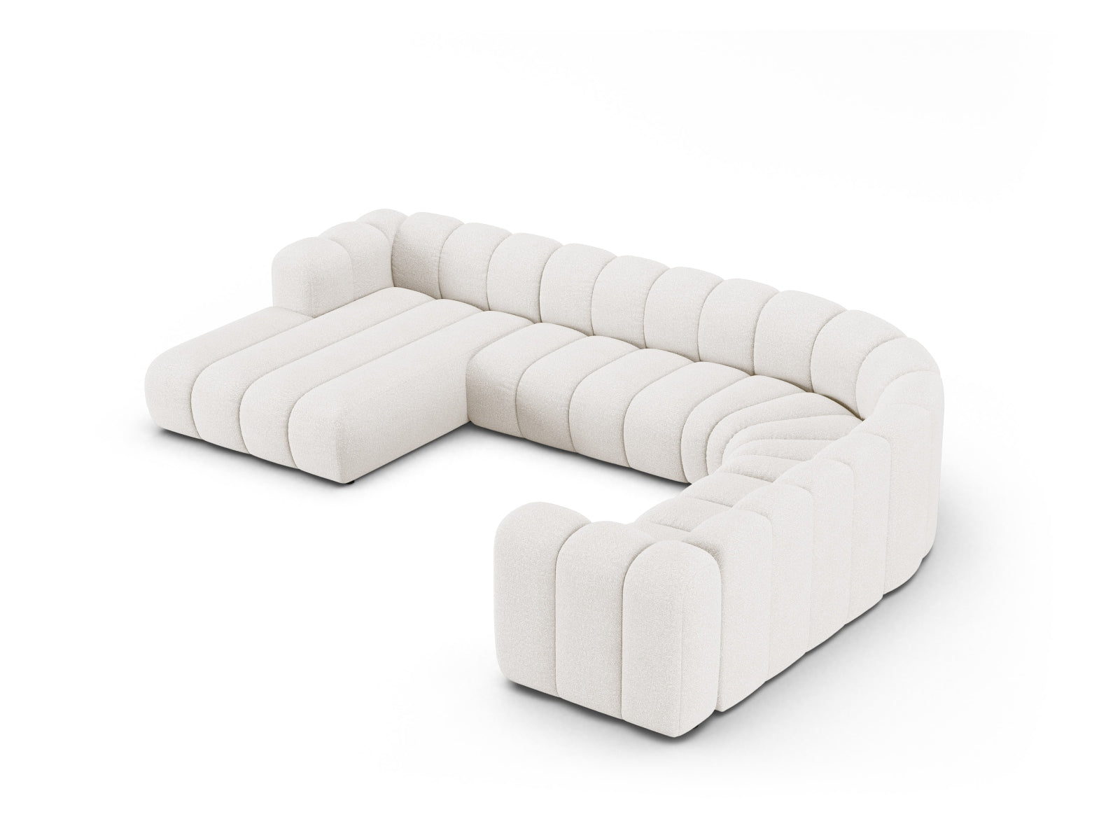 Modulares 6-Sitzer Ecksofa Lupine Boucle in hellem Beige, perfekt für moderne Wohnräume, bietet Komfort und stilvolles Design.