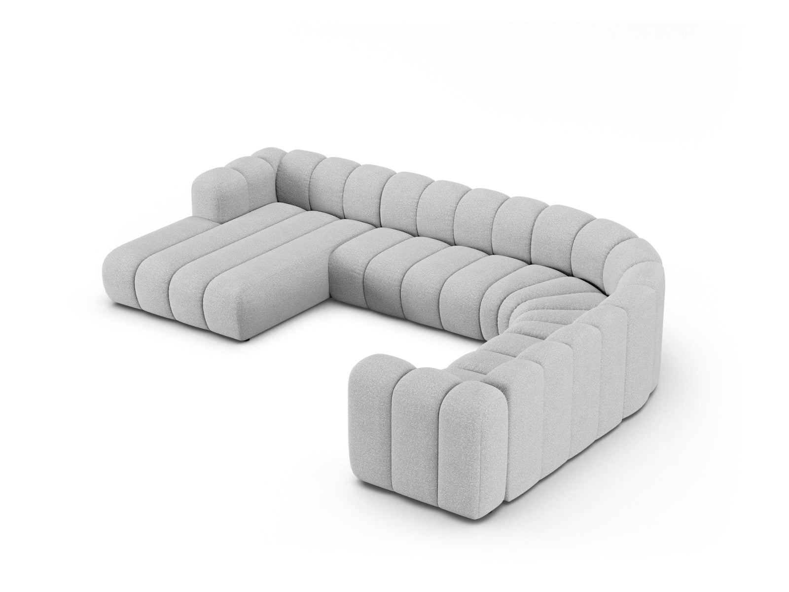 Modulares 6-Sitzer Ecksofa Lupine Boucle in sanftem Grau, perfekt für moderne Wohnkonzepte und gemütliche Zusammenkünfte.